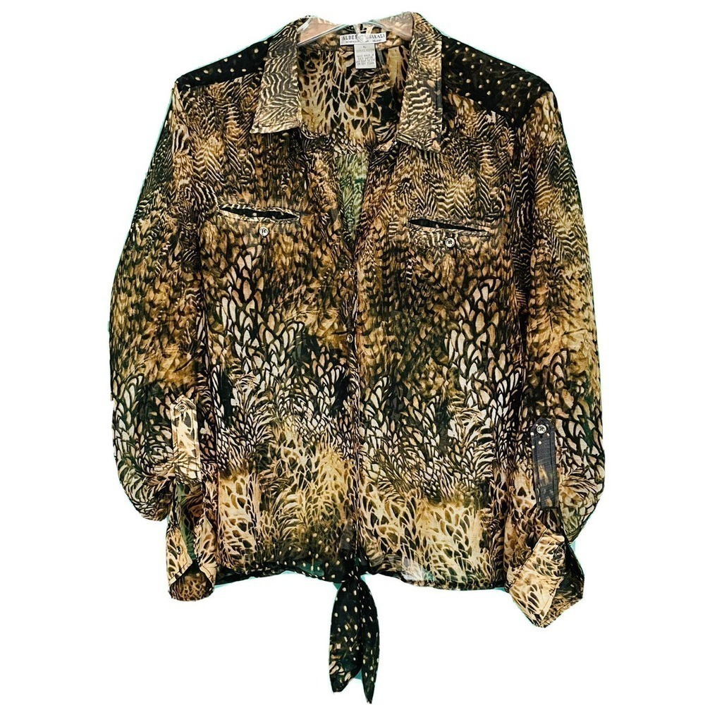 Alberto Makali Jungle Print‎ Blouse Womens XL Brown Tab Sleeve Crop Mob Wife